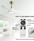 52 Inch Modern Ceiling Fan With Slick White And Gold Trim Hosting A Heavy Duty DC Motor That Pushes Sweet Cooling Airflow Quick While Delivering Zero Hassle Remote Operation Plus Soft Led Glow with remote control in stylish living room.