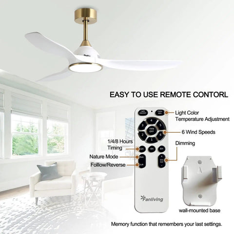 52 Inch Modern Ceiling Fan With Slick White And Gold Trim Hosting A Heavy Duty DC Motor That Pushes Sweet Cooling Airflow Quick While Delivering Zero Hassle Remote Operation Plus Soft Led Glow with remote control in stylish living room.