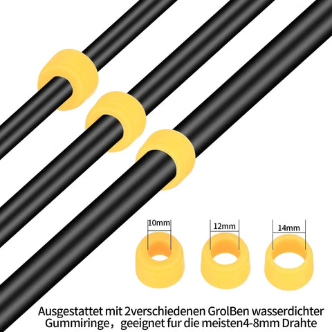 Yellow rubber rings for cable sealing, suitable for 4-8mm wires with size variations; shown on black cables.