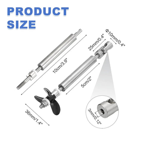 RC Boat Drive Shaft Kit With 36mm Propeller And Universal Joint showing 100mm shaft, 25mm sleeve, fits 3mm motor shafts.