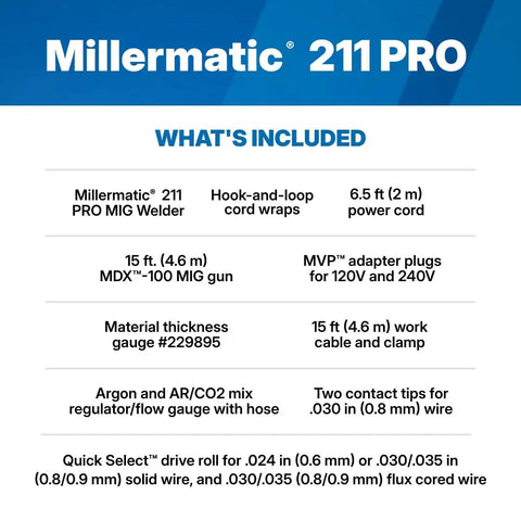 Inclusions for Millermatic 211 PRO welder featuring accessories and parts for Dual-Voltage MIG Welder With Dyna-Pulse MIG Auto-Set And Program Modes.