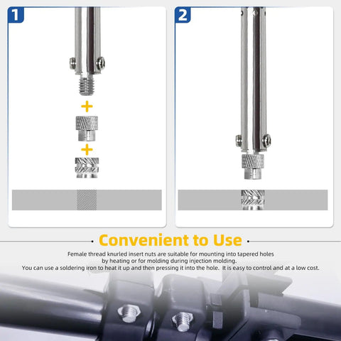 Illustration showing installation of Heat Set Threaded Inserts Kit For 3D Printing M2 To M6 100 Pcs 303 Stainless Knurled Female Inserts.