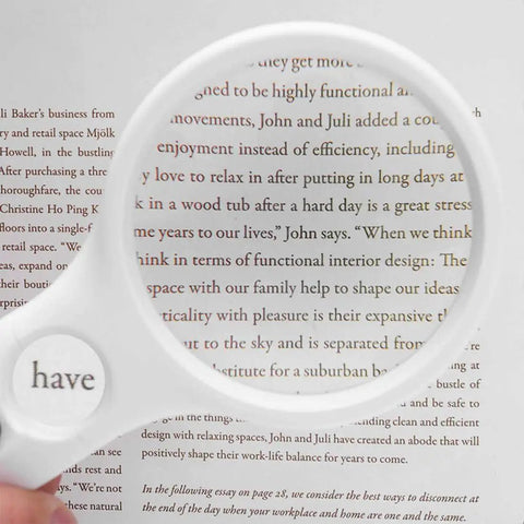 Handheld Magnifier With Light 3X And 45X Dual Magnification Loupe 3 LED Illumination For Reading Small Print Jewelry Inspection And Hobby Crafts White in use on a page of text.