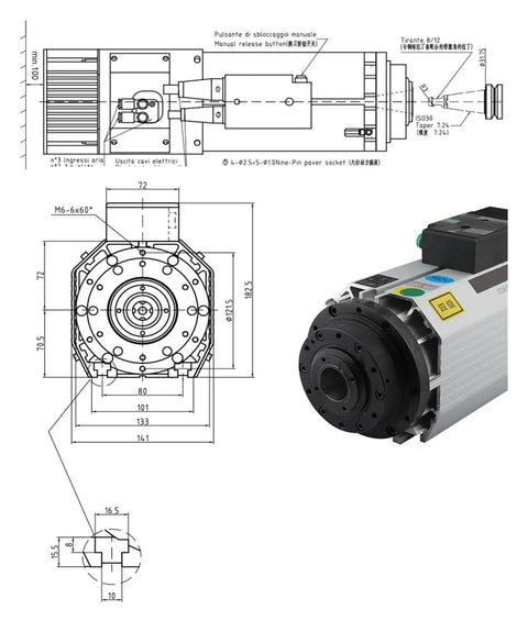 Technical diagram and photo of 9KW ISO30 CNC Spindle Kit With Automatic Tool Changer Air Cooled Spindle Motor VFD Inverter 220V And 380V Ready For High Speed Milling Machines For Any CNC Shop Use