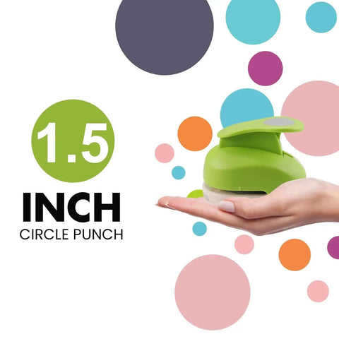 Hand holding green 1.5 Inch Circle Punch with Lever Handle for Clean Even Circles Every Time Perfect For Gift Tags and DIY Projects
