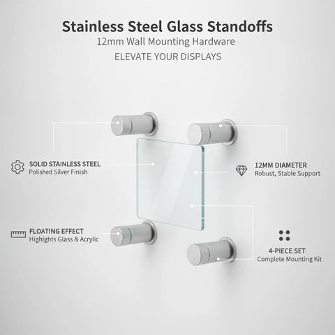 Stainless Steel Sign Mount Kit With 12mm Standoffs For Glass And Acrylic Panels in polished silver, 4-piece set, wall mounting hardware