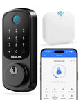 Ultra Secure WiFi Fingerprint Smart Door Lock With Remote App Control And Digital Keypad showing keypad, fingerprint scanner, and mobile app.