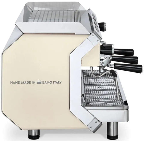 Side view of Three Group Espresso Machine With Digital Display Programmable Dosing And Pressure Gauges In White For Busy Cafes Hotels And Restaurants A High Volume Pro Grade Coffee Station