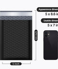 Black Bubble Mailers 5x8.6 Inch Outer Size With 5x7 Inch Inner, 50 Pack Padded Self Seal Envelopes next to smartphone for scale