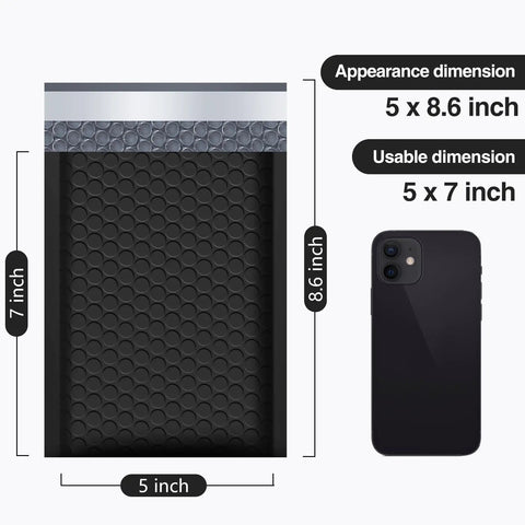 Black Bubble Mailers 5x8.6 Inch Outer Size With 5x7 Inch Inner, 50 Pack Padded Self Seal Envelopes next to smartphone for scale