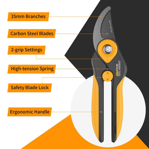 Bypass Pruning Shears 8.6 Inch Heavy-Duty Garden Clippers showing features like SK5 Titanium Blades and ergonomic handle