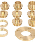 11 Piece Brass Router Template Bushing Guide Set For Woodworking And Cabinetry showing various sized brass bushings and templates.