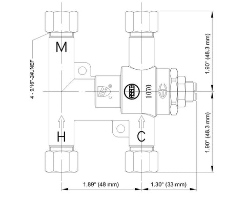 Diagram of Under Counter Thermostatic Mixing Valve Three Eighths Inch Brass Lead Free Body With Temperature Adjustment And Locking Nut Cross Flow Checks And Screened Filter NSF 61 Certified Durable Plumbing Valve, showing dimensions.