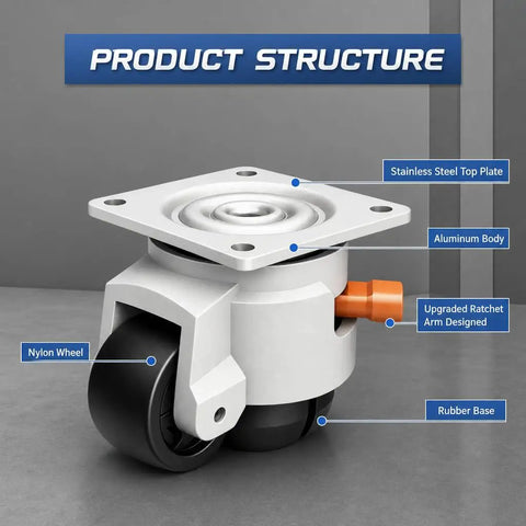 Heavy Duty Leveling Casters With Knurled Ratchet Handle, 2200 Lb Load Capacity, Set Of 4, visible product structure details