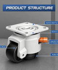 Heavy Duty Leveling Casters With Knurled Ratchet Handle For No Worries Height Tuning 3300 Lbs Load Capacity Set Of 4 White Swivel Wheels For Workbenches And Garage Gear Solid Mounting Kit For Quick Setup, featuring nylon wheels, aluminum body, and stainless steel top plate.