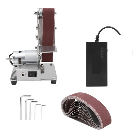 Compact And Versatile Mini Electric Belt Sander Machine For Desktop Use, stainless steel construction, includes accessories.