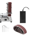Ultra Compact Mini Electric Belt Sander With Versatile Grinding And Polishing Capabilities For Metal And Wood Projects, stainless steel construction on a desktop.