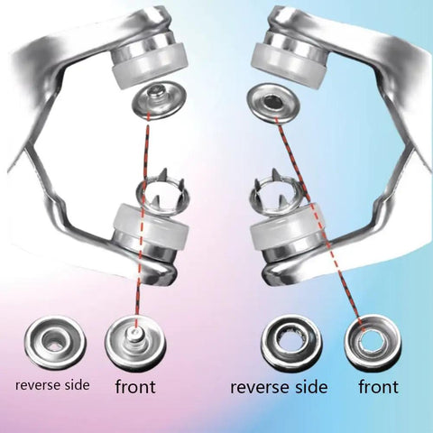 Snap Fasteners Kit With 100 Sets Of Metal Snaps And Pliers Tool for DIY Crafts showing reverse and front sides installation.