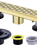 12 Inch Linear Shower Drain With Removable Brickwork Pattern Grate Adjustable Feet Hair Catcher Brushed Gold Finish Rectangular Floor Drain 2 Inch Outlet SUS 304 Stainless Steel with included components