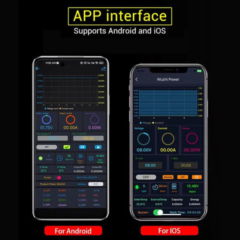 App interface for Buck Boost DC Adjustable Voltage Regulator Power Supply Module with 1.8 Inch LCD Display, Android and iOS support.