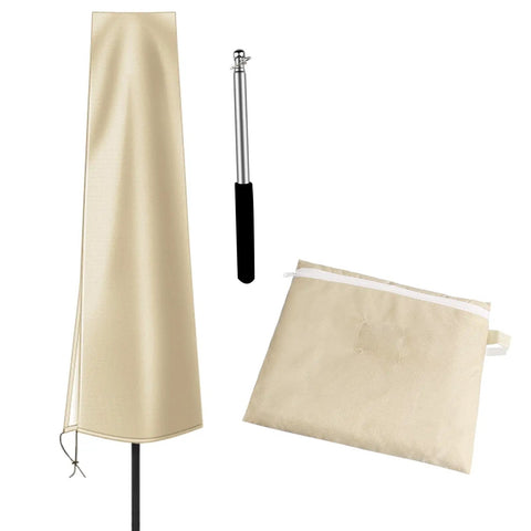 Heavy Duty Outdoor Umbrella Cover For 6 To 9 Foot Patio Umbrellas Built To Last Waterproof Windproof And UV Shield Khaki Garden Parasol Cover shown with storage bag and handle