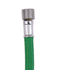Close-up of the fitting end of Zero Hassle Textile Braided Airbrush Hose with a green braided cover and metal connector.