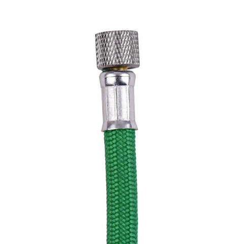 Close-up of the fitting end of Zero Hassle Textile Braided Airbrush Hose with a green braided cover and metal connector.