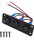 Three Gang Rugged Rocker Toggle Switch Panel With DC 12V 20A Waterproof Blue LED Round Switches and mounting screws shown.