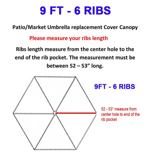 Diagram of 9ft 6-rib patio umbrella showing measurement instructions for Replacement Canopy For 9ft Patio Umbrella With 6 Ribs 52 To 53 Inch Span Beige 220D Polyester Fade Resistant UV30 Replacement Canopy Only Fits Wooden Aluminum Or Steel Frames No Frame Included.