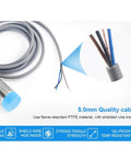 Close-up of Inductive Proximity Switch M30 Motion Sensor cable, flame-retardant PTFE, NPN PNP 12V 24V IP66 waterproof sensor.