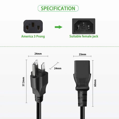 Specification diagram of 6 Ft Replacement Power Cord For Popular Electric Pressure Cookers And Rice Cookers, Works With Duo Mini And Duo Plus Mini, Duo60 Duo50 Smart 60 Bluetooth Ultra Series And More, Durable Plug And Play Cable For Easy Setup showing prong and female jack.
