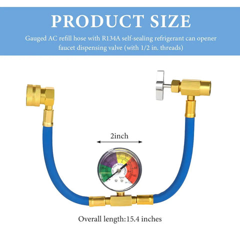 R134A Refrigerant Charging Hose Kit With Pressure Gauge And Half Inch Tap Dispensing Valve For Car Air Conditioning Recharge Must Have For Pros And DIY Home Mechanics, showing dimensions and gauge details