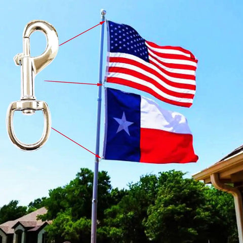 Built Like A Tank Heavy Duty Swivel Snap Hooks 4 Pack 3.5 Inch Nickel Plated Eye Bolt Clips for flagpoles with two flags.