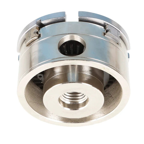 4-Inch 4-Jaw Bevel Gear Chuck With Anti-Release Spindle Lock Reversible 1-Inch X 8-TPI Wood Turning Chuck For Pro Mini Lathe Smooth Jaw Gearing And Beefy Clamp Grip, close-up view.