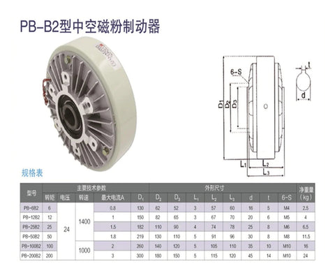 PB-B2 hollow-shaft magnetic powder brake, front view with white housing, finned gray body and mounting tabs