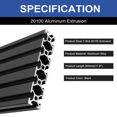 2 Pack 20100 T Slot Aluminum Extrusion 300mm Black T Slot Framing Profile, detailed view showing specifications