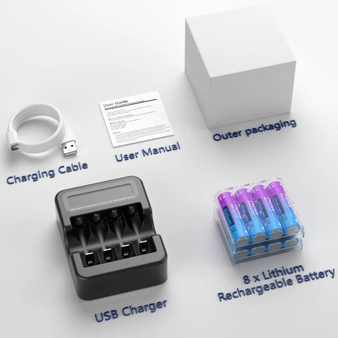 Rechargeable One Point Five Volt Lithium AA Batteries Set Eight Pack With LCD Charger 3500mWh High Capacity AAs layout