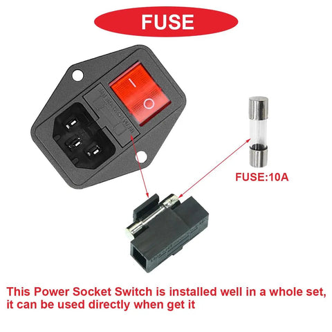 Heavy Duty 3 Pin IEC320 C14 Power Inlet Module With Rocker Switch 10A 250V, fuse and connection detail view