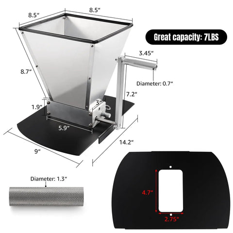 Homebrew Malt Mill Grain Crusher With Adjustable Roller Gap Manual Metal Grinder Stainless Steel with measurements