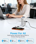 Woman using Tower Power Strip With 20W USB-C PD Fast Charging, 12 Outlets, 5 USB Ports Including 3 USB-C, 1800J Surge Protector on desk