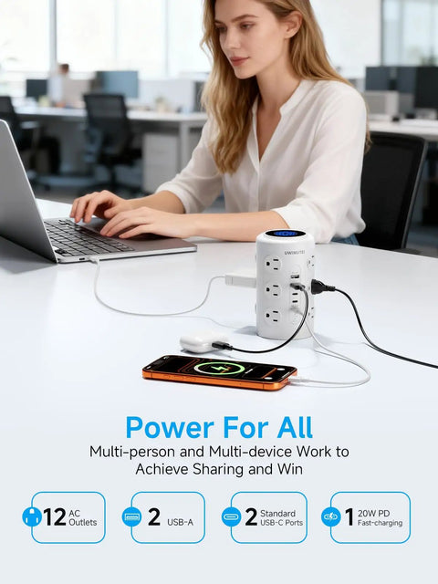 Woman using Tower Power Strip With 20W USB-C PD Fast Charging, 12 Outlets, 5 USB Ports Including 3 USB-C, 1800J Surge Protector on desk