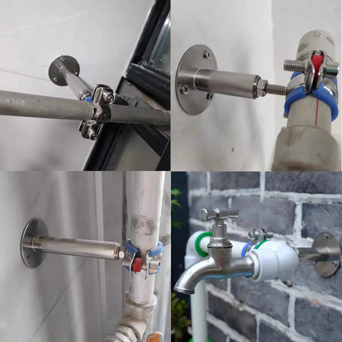 Two 304 stainless steel pipe clamps with screws for 25–27 mm OD pipes, wall/ceiling mounting, adjustable height 100–200 mm.