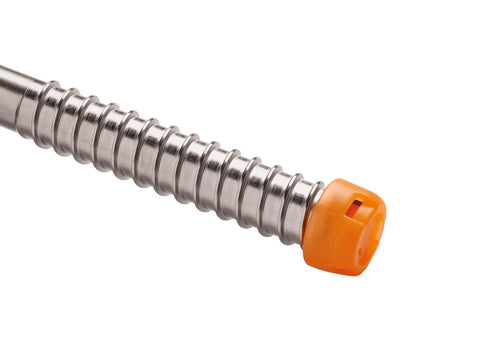Close-up of Laser Speed Ice Screw with Integrated Crank, lightweight steel, showing orange tip and threaded body, 21 cm.