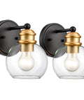 Modern Farmhouse Black And Gold Bathroom Wall Sconces Set Of Two Globe Sconce Lighting with Wrought Iron Frame and Glass Globes