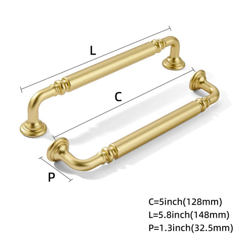10-Pack Brushed Gold Cabinet Pulls 5-Inch Drawer Handles For Kitchen Digs Top-Shelf Zinc Alloy Hardware Heavy Duty Build 5-inch handles with elegant curves and dimensions.