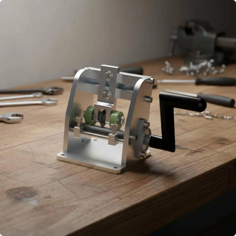 Portable Edge Tape Slitter And Edge Banding Cutter for woodworkers on a workbench, 80mm trim tool with manual crank handle.
