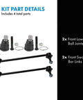 Front Suspension Kit With 2 Front Lower Ball Joints And 2 Sway Bar Links For Ford Fiesta 2011 2018 And Mazda 2 2011 2014 Replacement Parts Built To Fit Right, Easy Install, Durable OE Quality Ride Upgrade. 4-piece kit detail view