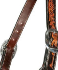 Top Shelf Western Horse Halter Made From Slick Dark Chocolate Leather With Rawhide Braided Lacing Plus Boss Rigged Stainless Steel Hardware And A Quick Adjust Chin Strap For Slick Rides, showing detail of the leather and buckle.