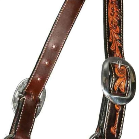 Top Shelf Western Horse Halter Made From Slick Dark Chocolate Leather With Rawhide Braided Lacing Plus Boss Rigged Stainless Steel Hardware And A Quick Adjust Chin Strap For Slick Rides, showing detail of the leather and buckle.