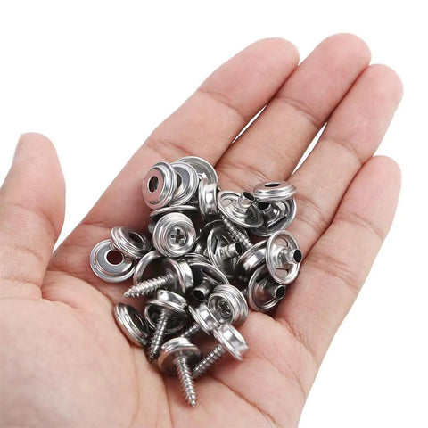 Badass Quality 30 Piece Canvas Snap Fastener Kit With Hella Durable Five Eighth Inches Stainless Steel Parts in hand.